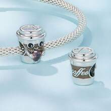 1件925纯银可爱夹式吊坠，适合DIY时尚首饰制作，咖啡杯和羊角面包造型，镶嵌锆石，是送给女性的绝佳礼物。 - 彩色 - 查看 10