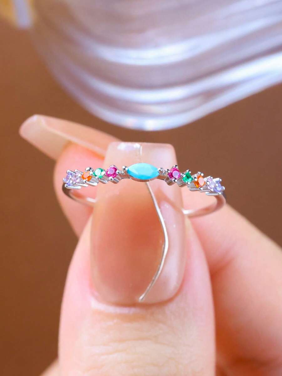 925 Sterling Silver Colorful Diamond Eye Ring, Elegant Luxury Delicate Jewelry