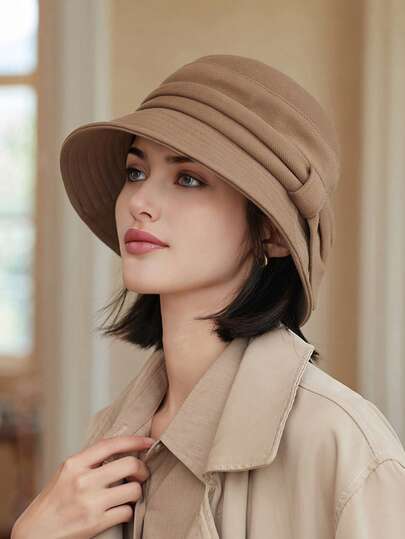 1pc Women's Autumn Bowknot Fisherman Hat, Winter Long Brim Bucket Hat, Retro Elegant Solid Color Warm Bucket Hat, Suitable For Autumn/Winter Daily Wear Autumn Outfits