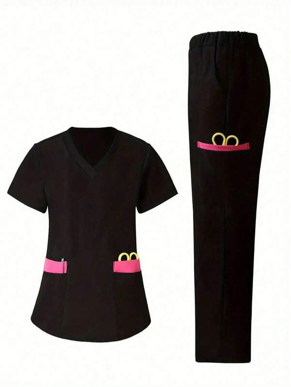 Women's Two-Tone Pocket Short Sleeve Scrub Set