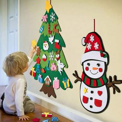1 件，毛毡圣诞树套装，带装饰品和雪人降临节日历，适用于家庭壁挂毛毡圣诞工艺套件，圣诞节装饰派对用品礼物