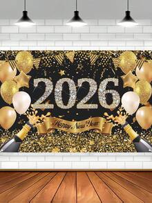 1 Stück Hintergrundfahne mit Neujahrsmotiv, schwarze und goldene Neujahrsballons aus Polyester, für 2026 Neujahrsfestdekoration Hintergrund Stoff für Zuhause, Raumdekoration, Neujahrsfestdekoration, Partydekor, Gartendekoration, Hängedekoration, 2026 Neujahrsdekoration, Partyfavors