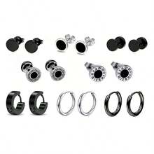 1 Set Men's Stainless Steel Earrings (14pcs/8pcs/1pc), Black And Silver Cubic Zirconia Stud Earrings, Hoop Earrings, Earrings For Men - Multicolor - View 14