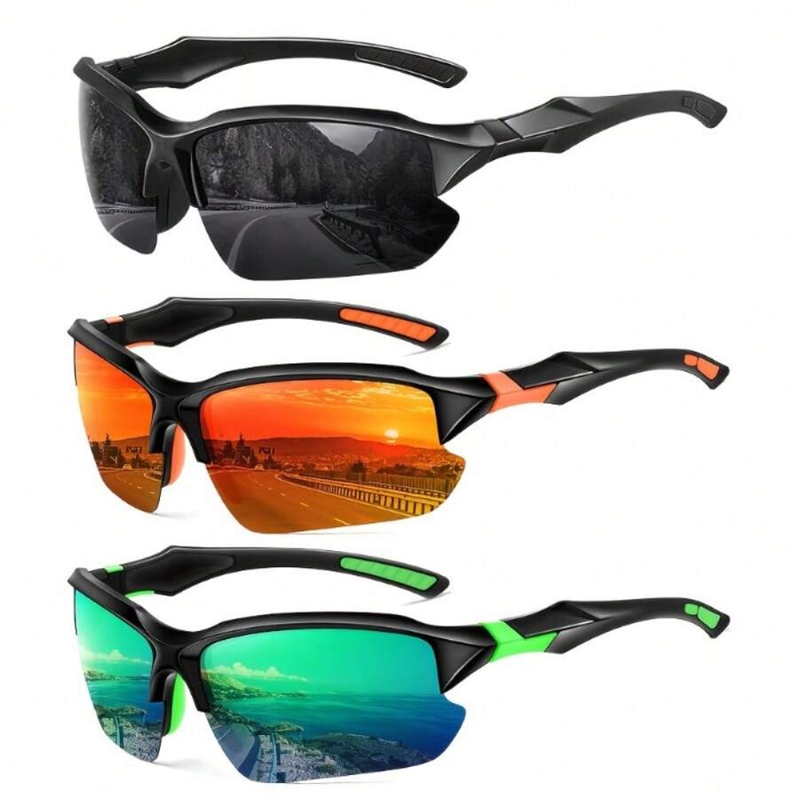 Luxury  Polarized Sports Glasses For Men Women, Lightweight TR90 Frame UV400 Protection Anti Glare Sunglasses For Running Cycling Fishing Driving Hiking Outdoor Adventures, Premium Polarized Lens Wide Vision Comfort Fit Nose Pad All Season Day Night Use Perfect Gifts For Sports Lovers Active Lifestyle - 黑色+橘色+綠色 - 查看 1