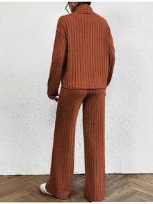 2026 Spring/Autumn Women's Simple Solid Color Elegant Two-Piece Set: High-Neck Long-Sleeve Top + Pants; Autumn/Winter Casual Striped Ribbed Knit Home Wear - 棕色 - 查看 3