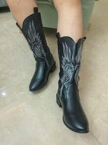 Botas de estilo occidental bordadas vintage para niñas, botas de montar de plataforma retro de media pantorrilla con corte en V, nuevas llegadas de invierno - Negro - Ver 2