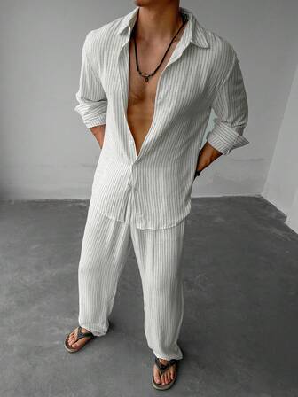 Men's Striped Casual Long Sleeve Top And Pants Set , Fall Clothes