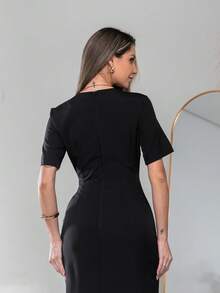 Long Dress With Short Sleeves With Belt Formal And Evening V775 - Negro - Ver 6