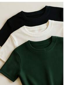 3 Piece Kit Women's Short Sleeve T-Shirt Blouse Plain Ribbed Fabric Cotton Long Basic - 黑色+米色+軍綠色 - 查看 2