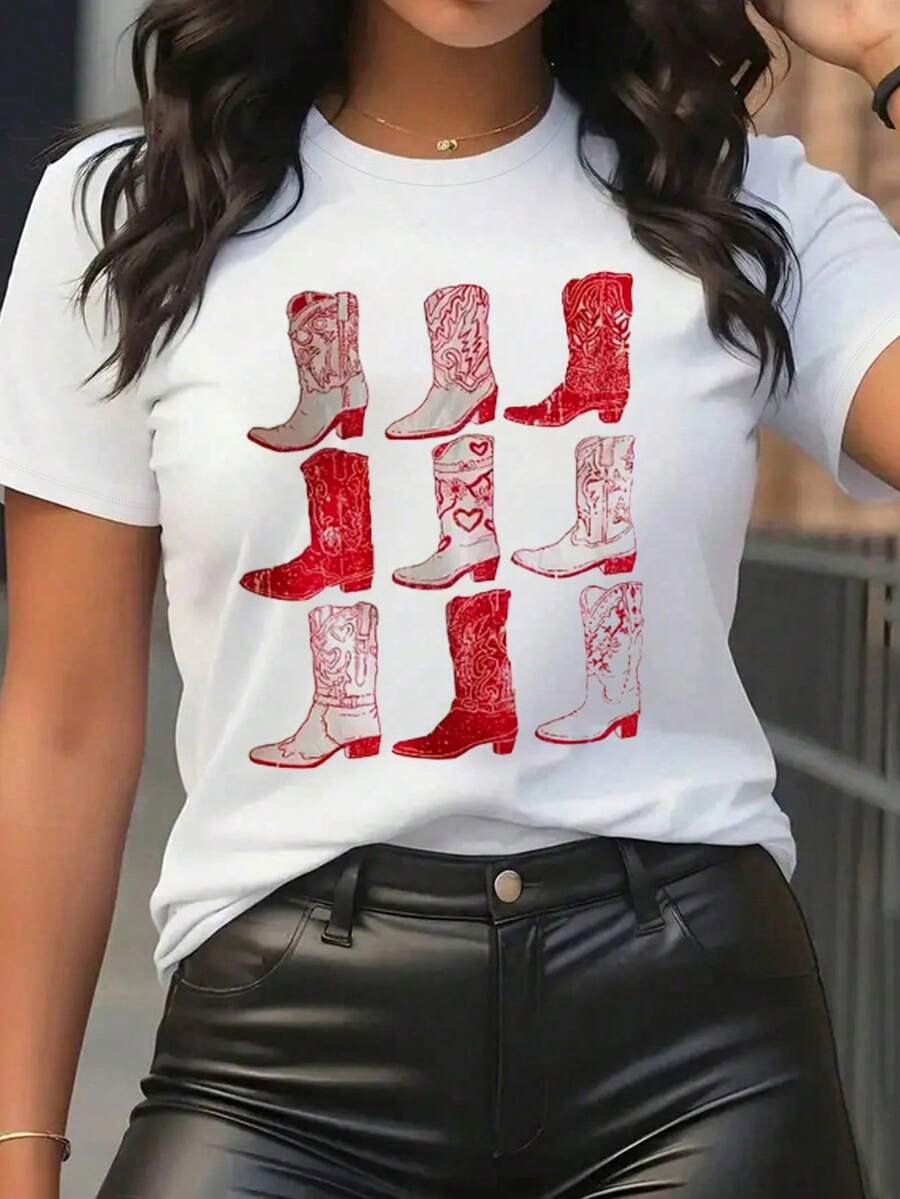Camiseta de Mujer de Cuello Redondo y Mangas Cortas Diseño Botas incluye algodón - Blanco - Ver 1