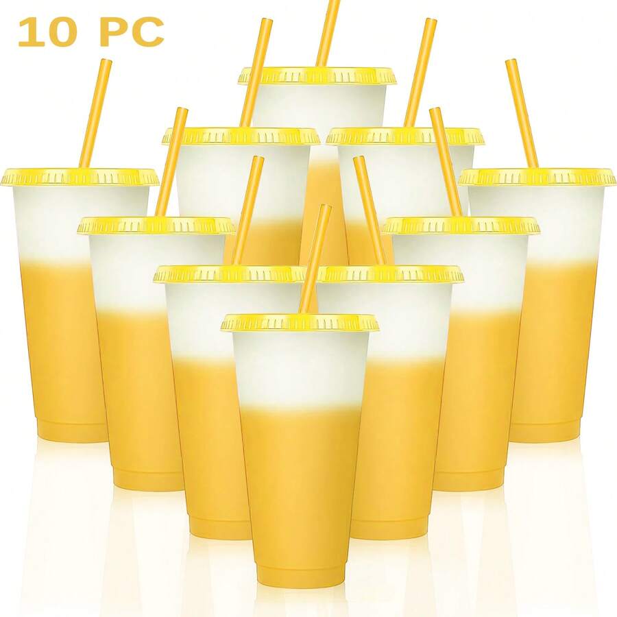 10 pcs, Tazas mágicas reutilizables de 710 ML con tapas y pajitas a prueba de fugas, tazas de decoloración reutilizables, adecuadas para bebidas frías, bebidas heladas, divertidas y prácticas, muy adecuadas para fiestas, picnics, celebraciones y fiestas de verano