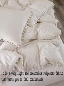 1 Set Beige Fluffy Ball Duvet Cover Set, Bohemian Farmhouse Style Bedding 3 PiecesSet, Fluffy Ball Decor, Soft Microfiber Duvet Cover, Unisex, Includes 1 Duvet Cover And 2 Pillow Shams, Comforter Insert Not Included