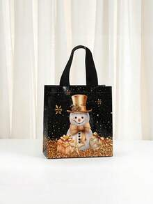 12 pungi de cadouri festive de Crăciun - model cu om de zăpadă, brad și șosetă, negre și aurii cu mânere, genți tote nețesute pentru petreceri de sărbători, pungi de cadouri de Crăciun