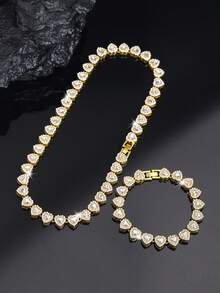 2pcs Heart-Shaped Cuban Link Necklace Set, Unisex, Hip-Hop Style Neck Chain Set, Luxury Jewelry Set, Suitable For Valentine's Day, Birthday, Daily Wear And Parties