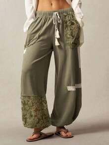 BOHO Women's Loose Fit Patchwork Casual Long Pants, Country Style Vacation For Spring/Summer - xanh quân đội - Xem 3