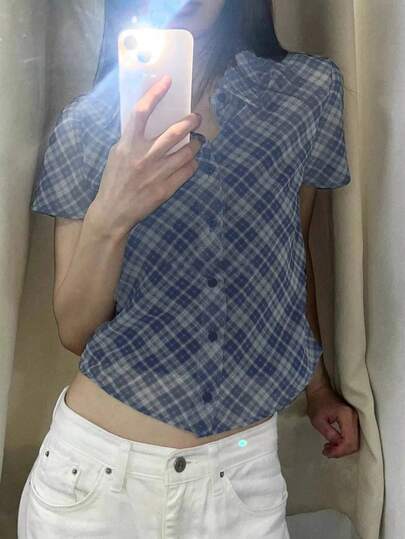 小众美式英伦校园风条纹半透视修身短袖雪纺衬衫