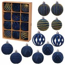Juego de adornos navideños de bolas de terciopelo, 12 piezas de bolas brillantes/recortadas para colgar en el árbol de Navidad - Azul - Ver 2