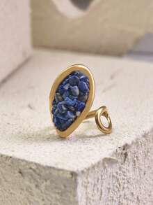 1pc Elegant Oval Textured Natural Stone Jewelry, Geometric Criss-Cross 18K Gold Plated Stainless Steel Adjustable Ring, Suitable For Women, Couples, Daily Wear, Parties, Halloween, Gifts For Friends