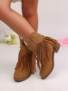 1 双经典流苏时尚百搭高跟防滑四季儿童靴子，日常穿着度假平底靴，中筒复古度假休闲女童靴子适合日常装扮 - 棕色 - 查看 6
