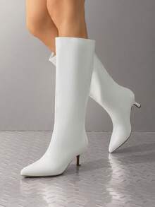 Women's Knee-High Boots, Comfortable Chunky Block Heel Pointed Toe Pull On Side Zipper Suede Slouch Riding Boots - White - View 5