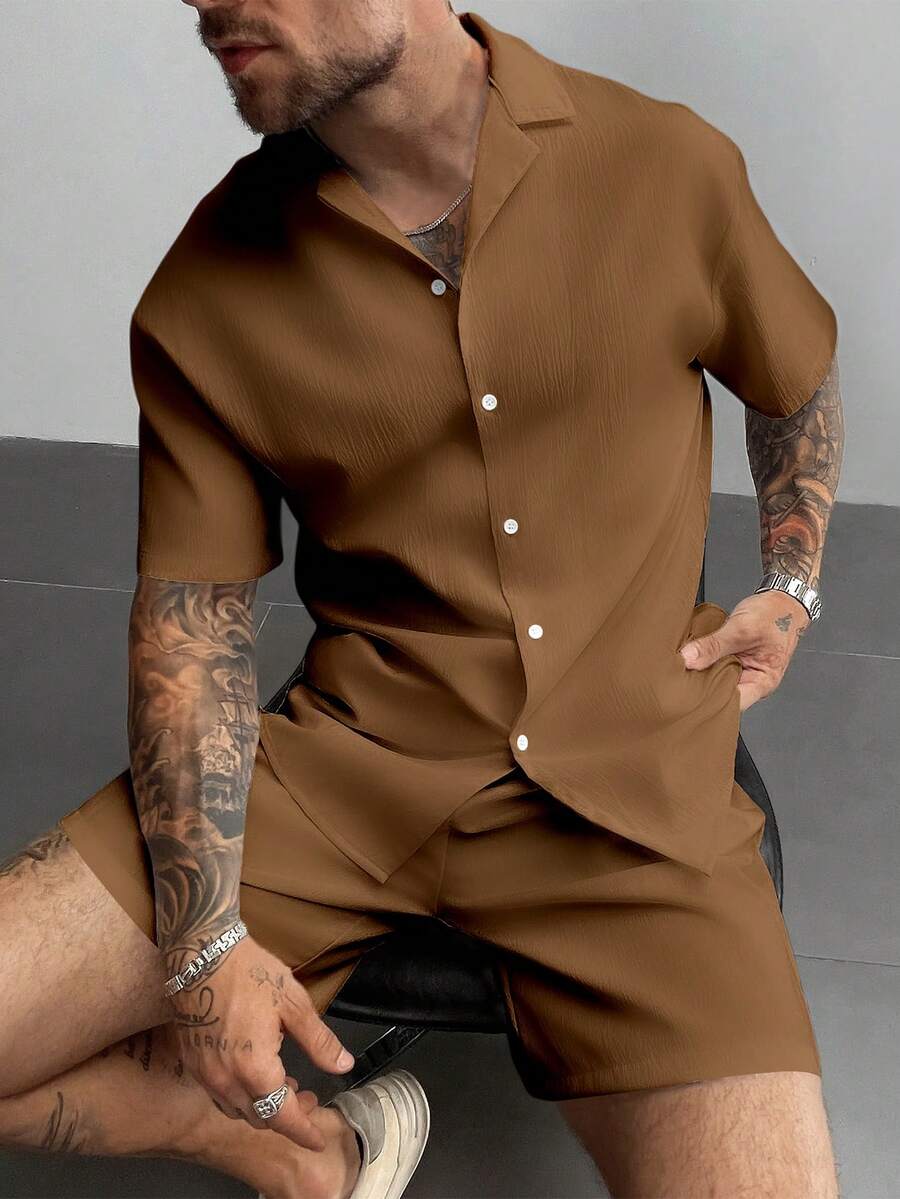 男士夏季两件套套装，轻盈透气的亚麻衬衫和抽绳短裤，复古绅士风格休闲沙滩婚礼派对度假旅行装，父亲节送给丈夫、爸爸、男友的礼物，舒适百搭 - 棕色 - 查看 1