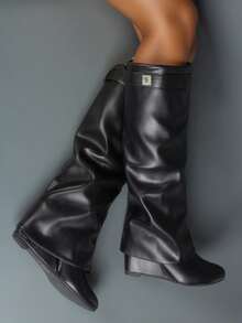 Women's New The Knee Boots Round Toe Wedges High Heels Slip-On Shark Lock Decor Vintage Streets Style Designer - Black - View 10