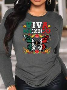 Playera camiseta dama mujer casual estilo mexicano estampado mariposa viva México ajuste regular cuello redondo manga larga comoda fresca ligera calientita - Gris - Ver 1