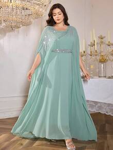 Plus Size Women's Solid Color Sequin Decor Belted Round Neck Elegant Long Arabic Abaya Summer - Green - View 6