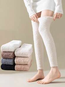4 Pairs Of Solid Color Women's Leg Warmers, Cold Resistant Long Socks, Over The Knee Warm Knitted Leg Protectors, Thick Winter Boots, Long Socks, Super Elastic Leg Joint Protection - 彩色 - 查看 3