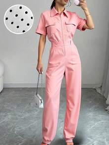 Nuevos pantalones de trabajo para mujer para el otoño y el invierno, para una elegancia informal en el día a día. Mujer jumpsuit estilo moderno con cierre, ajuste holgado, cuello tipo camisa, manga corta, primavera-verano, ideal para uso diario, categoría de moda. - Rosa - Ver 2