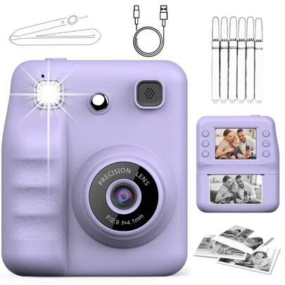 儿童即时照片打印相机，儿童玩具相机，1080p 高清双摄像头闪光灯，音乐，游戏，自拍模式，延迟打印（10 秒/5 秒/3 秒），适合男孩和女孩的圣诞节和生日礼物