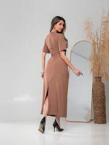 Long Dress With Short Sleeves With Belt Formal And Evening V775 - Marrón Mocha - Ver 6