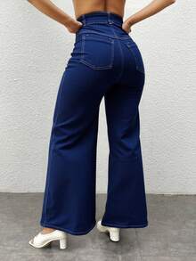 Pantalon jeans pierna ancha wide leg ajustable bolsillos sexy - Azul Marino - Ver 3