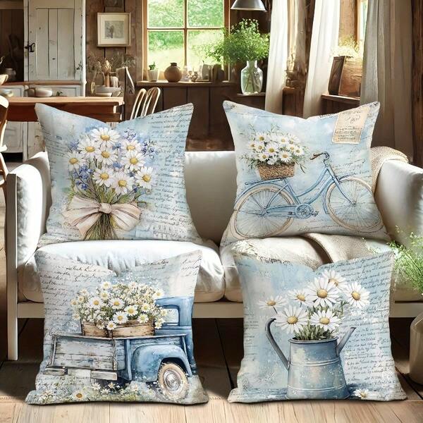 4 Packs Chrysanthemum Truck Throw Pillow Covers, Farmhouse Country Style Decorative Cushion Cover - 17.7x17.7 Inches, 100% Polyester, Machine Washable With Zipper, Suitable For Living Room, Bedroom, Sofa Bedding, Not Insert Included