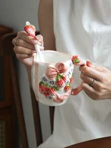 1 Pieza Taza de cerámica hecha a mano con relieve en forma de lazo, taza de café o té de la tarde para el hogar con cuchara, regalo exquisito de cumpleaños para la novia, regalo exquisito de Navidad y Año Nuevo