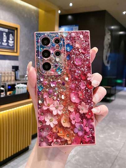 1pc Sequin Floral Pattern Shockproof Phone Case Compatible With Samsung/Galaxy/Infinix/Redmi/OPPO/VIVO/Realme Android Models