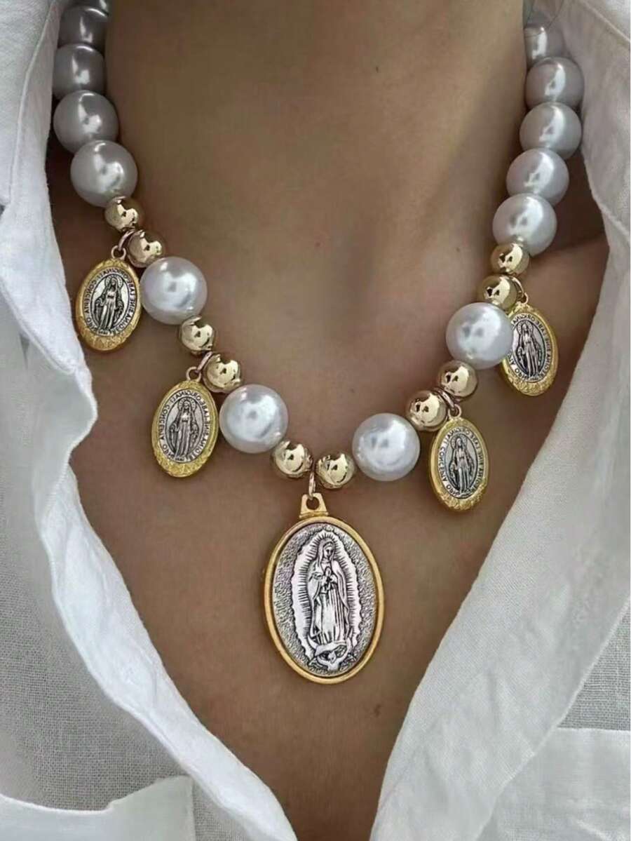 1pc Versatile Religious Jesus Beaded Pearl Necklace, Suitable For Daily Wear - Religious Pearl Necklace - View 1