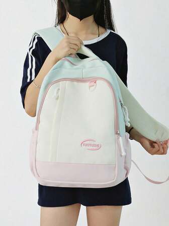 حقيبة ظهر نسائية بألوان طازجة وتصميم كتل اللون، متعددة الجيوب، حقيبة ظهر كلاسيكية مطرزة، حقيبة مدرسية للطالبات