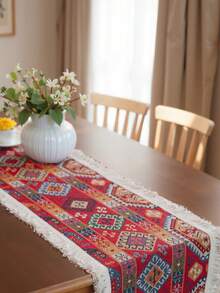 1 Stück amerikanischer Stil buntes Rautenmuster Bauernhaus Makramee Quaste Tischläufer, handgefertigter gewebter dekorativer Tischläufer für Feiertage, Partys, Picknicks, Paarfotos, Boho Dekoration