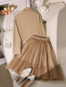 2pcs/Set Girls' Stylish Jacket + Mesh Patchwork Skirt, Spring/Autumn