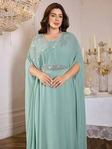 Plus Size Women's Solid Color Sequin Decor Belted Round Neck Elegant Long Arabic Abaya Summer - Green - View 7