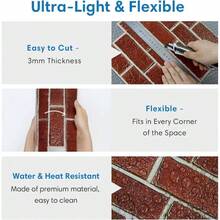 3D Whitewash Brick Wall Panels Peel And Stick Tiles, 10 Pcs Of 12X12 Small Size Lightweight PVC Red Brick Adhesive Wall Covering Backsplash Kitchen Living Room, Paintable - 復古紅 - 查看 5