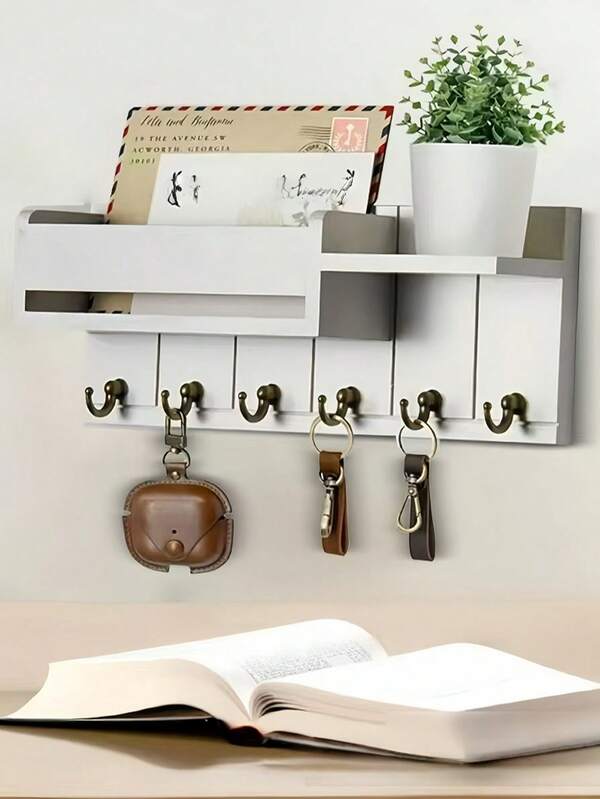 1 pieza Perchero de pared de madera para llaves, organizador de almacenamiento de llaves de entrada del hogar con ganchos, estante de exhibición de varias capas