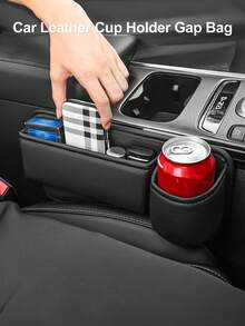 汽车皮革杯架间隙袋、座椅间隙储物盒、可调节汽车座椅储物盒、可调节汽车座椅间隙储物盒皮革带杯架，可放置手机、眼镜、钥匙卡（黑色。驾驶员 - 乘客）