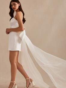 1件缎面露背蝴蝶结尾饰薄纱丝带装饰，多色，适用于婚纱、舞会礼服、晚礼服、洛丽塔服装、休闲涤纶情人节配饰