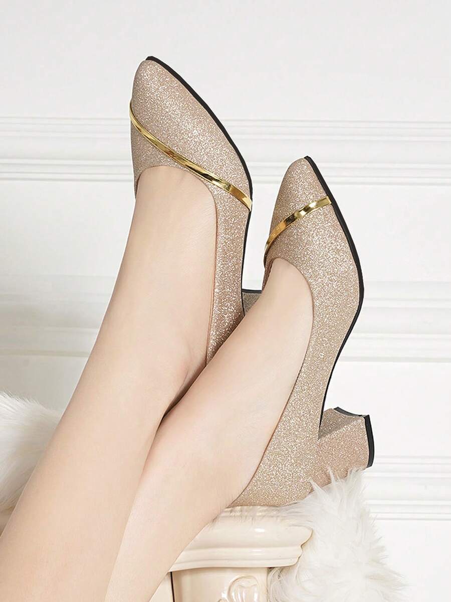 1 Pair Teens' Silver & Gold Glitter Pointed Toe Chunky Heel Slip-On Dress Pumps, Durable Outdoor Party High Heels