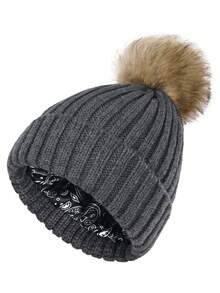 Women Winter Beanie Hat Satin Lined Faux Fur Pom Pom Beanies Hat For Women Winter Warm Knit Hats - A - View 22