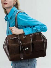 1个复古摩托车造型手提包，大容量可扩展纯色双提手女士单肩托特包，适合度假、旅行、搭配时尚服饰以及与朋友购物 - 查看 5