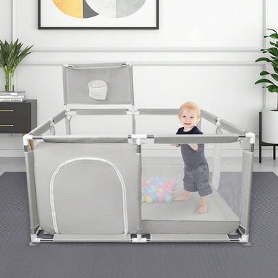 Box per bambini 126*126*66 cm (senza angoli) + 50 palline piccole + 4 ventose. Box grande con cerniera (grigio scuro/blu navy/nero/grigio chiaro)