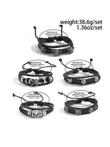5pcs/Set Gothic Punk Style Fashionable Personalized Skull Rivet Metal Decor Accessories, Multi-Layer PU Leather Braided Bracelet, Suitable For Men's Daily Wear, Halloween Accessories - Black - View 6